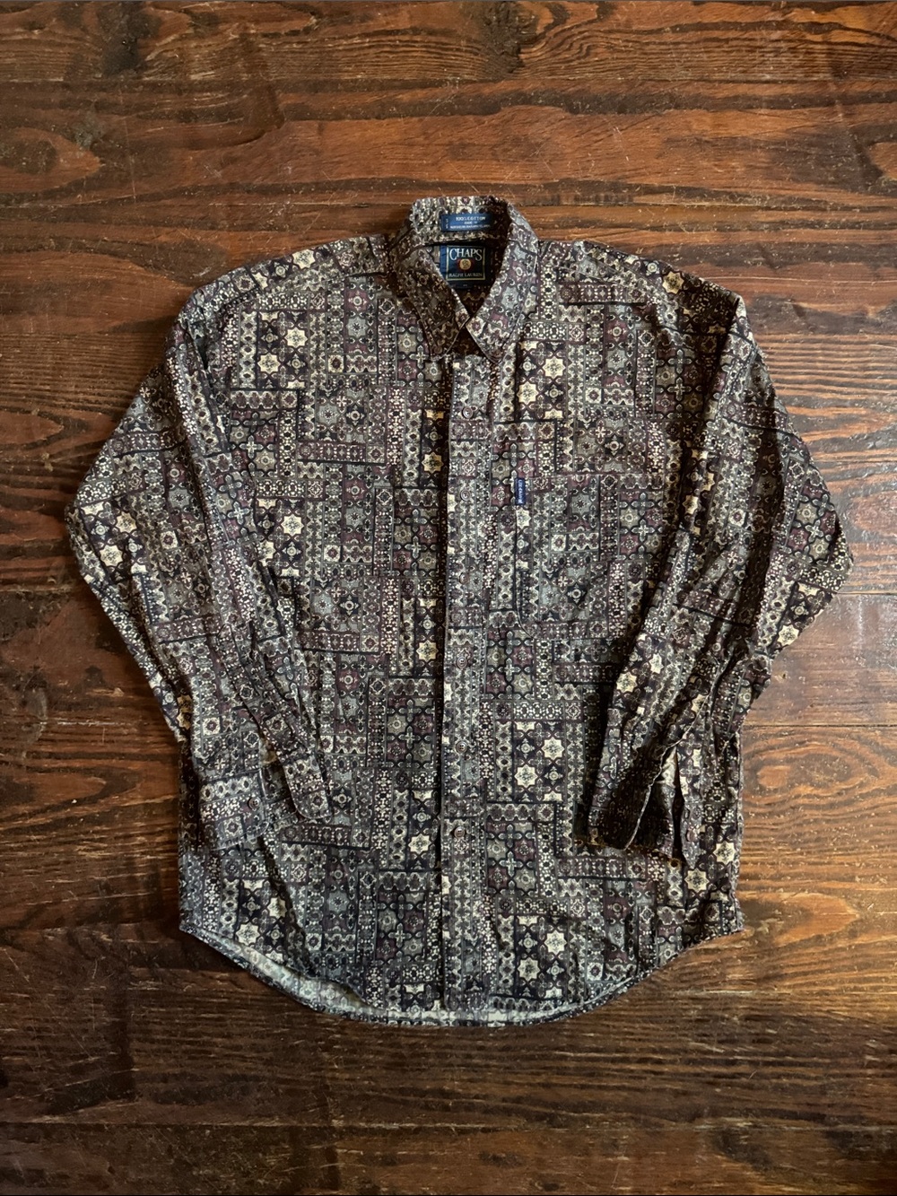 Chaps Ralph Lauren Men's Brown Long-Sleeve Patterned Button-Up Shirt M
